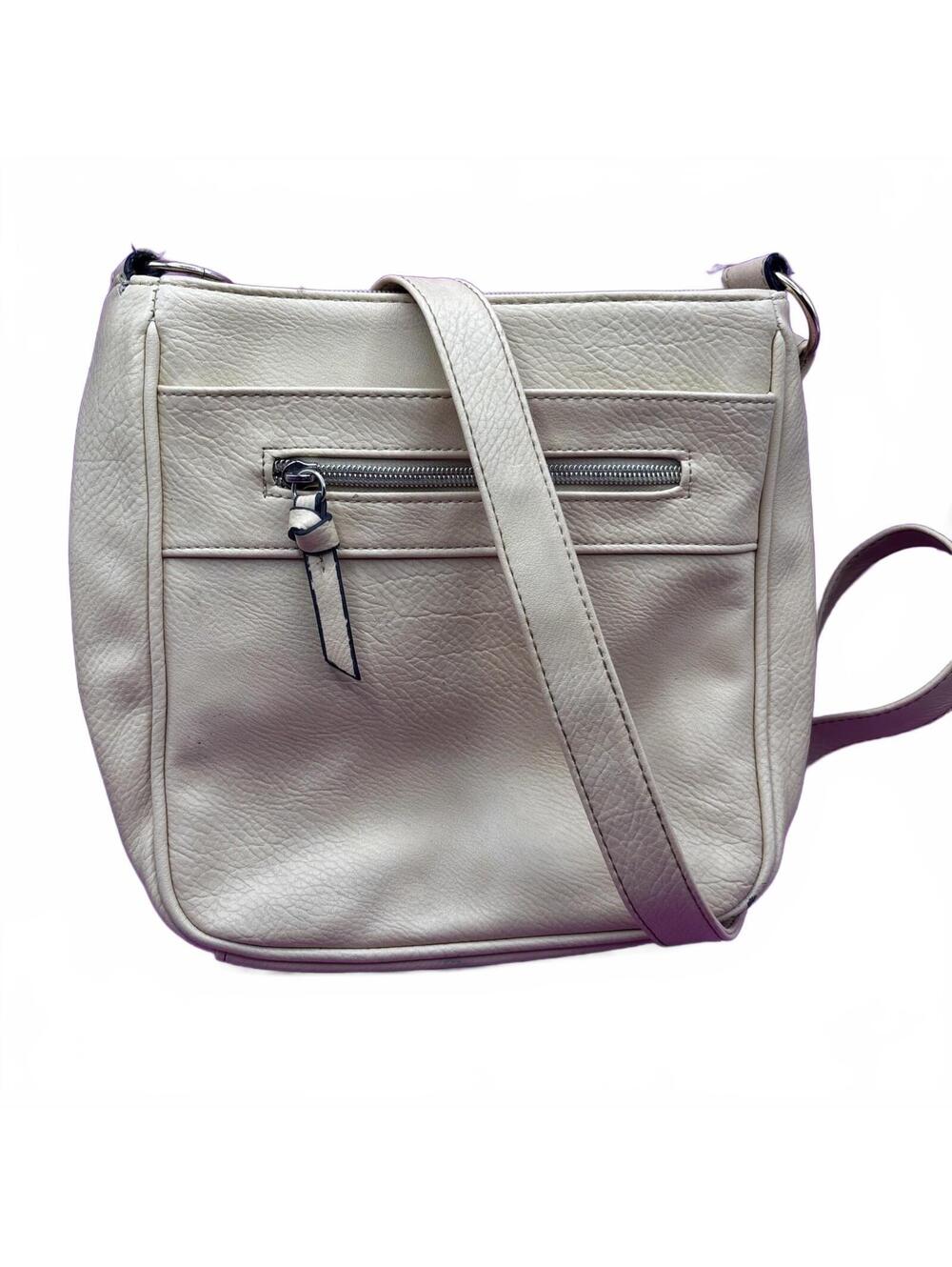 Cream Leather Crossbody Bag with Front Zipper Pocket